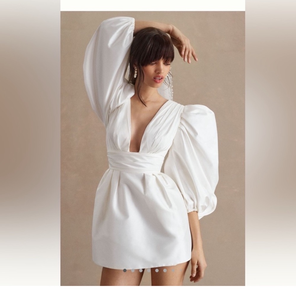 Watters Bridal Meringue V-Neck Balloon Sleeve Mini Dress